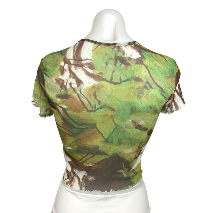 Shein Green Camouflage Cut-Out Distressed Crewneck Short Sleeve Crop Top Size 6