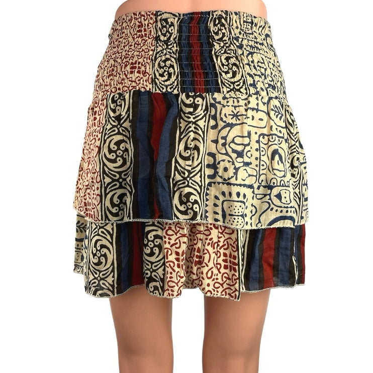 Kashish Multicolor Print Smocked Elastic Waist Layered Mini A-Line Skirt Size OS