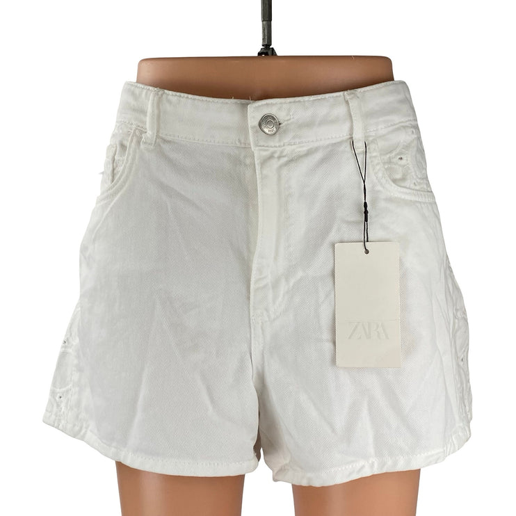 NEW Zara Women's White Eyelet Embroidery High Waisted Wide Leg Denim Shorts 10
