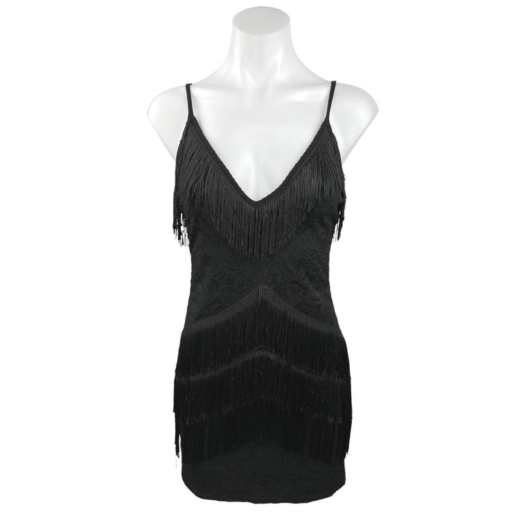 Shein Women's Black Fringe Sleeveless Adjustable Strap Bodycon Mini Dress Sz XS