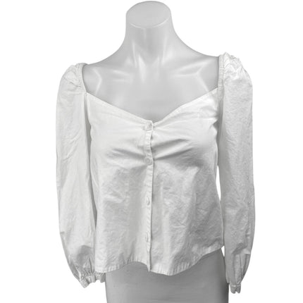 Zara Women's White Long Puff Sleeve Button Down Blouse Shirt Crop Top Size S