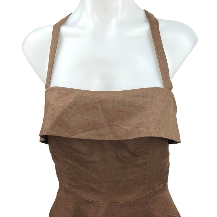 Nicholas 100% Linen Womens Brown Square Neck Sleeveless A-Line Midi Dress Size 4