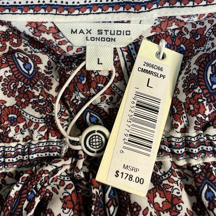 NEW Max Studio Brown Paisley Floral Long Sleeve VNeck Tiered A Line Maxi Dress L