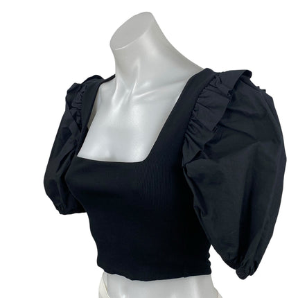 Zara Women's Black Puff Sleeve Square Neck Ribbed Knit Cropped Blouse Top Sz S
