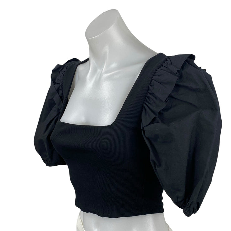 Zara Women's Black Puff Sleeve Square Neck Ribbed Knit Cropped Blouse Top Sz S
