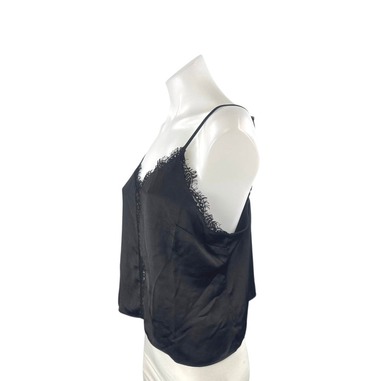 Open Edit Women Black Satin Lace V Neck Sleeveless Crop Lingerie Cami Tank Top L