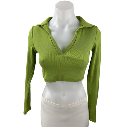 Zara Women's Green Rib Knit Collared V Neck Long Sleeve Crop Polo Shirt Top Sz S