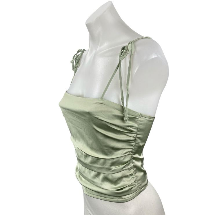 Hollister Women's Green Silk Satin Ruched Smocked Tie Cami Tank Crop Top Size XS
