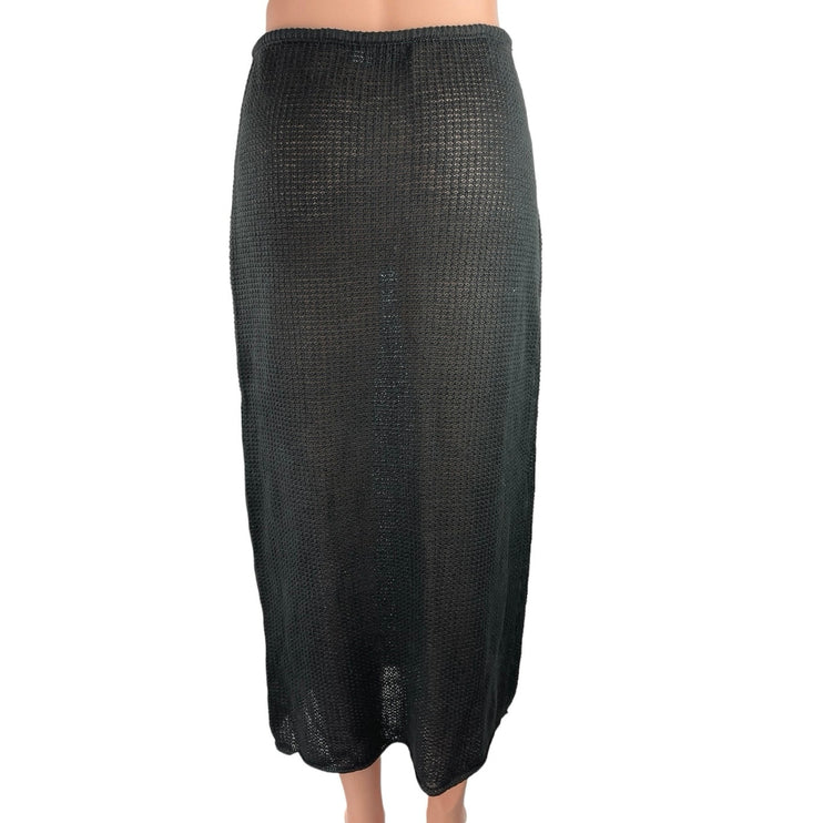 Onia Black 100% Linen Knit Drawstring Low Rise Semi Sheer Pull On Midi Skirt S