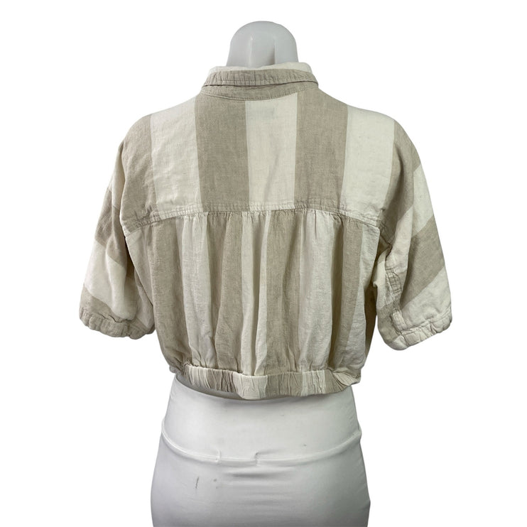 Urban Outfitters BDG Beige Linen Short Sleeve Stripe Tie Button Up Shirt Top S