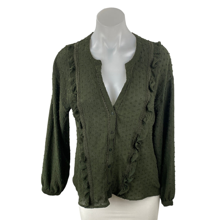 Zara Green Swiss Dots Ruffle V Neck Long Sleeve Button Up Shirt Blouse Top Sz S