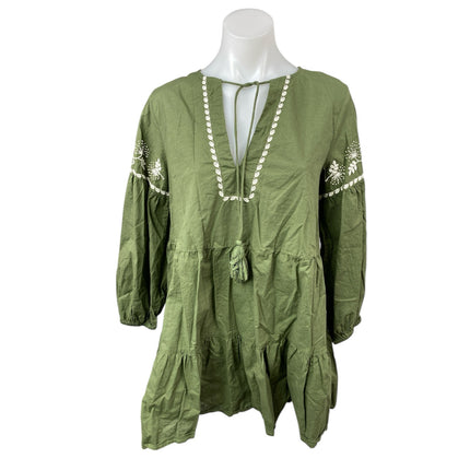 ZARA Green Embroidered Tiered 3/4 Sleeve V Neck Tassels Mini A-Line Dress Size S