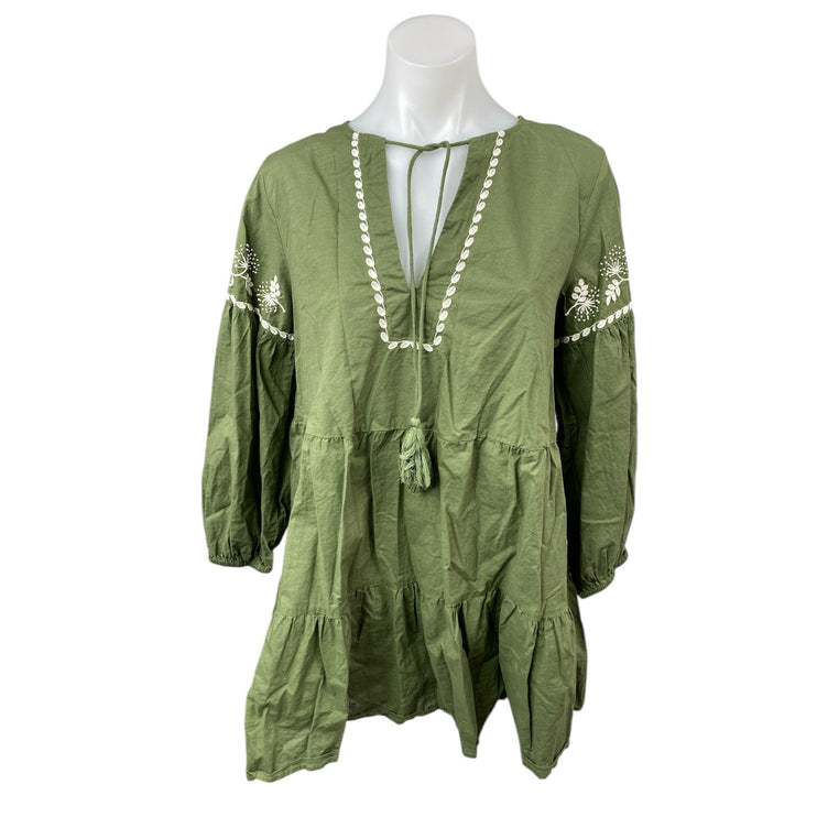 ZARA Green Embroidered Tiered 3/4 Sleeve V Neck Tassels Mini A-Line Dress Size S