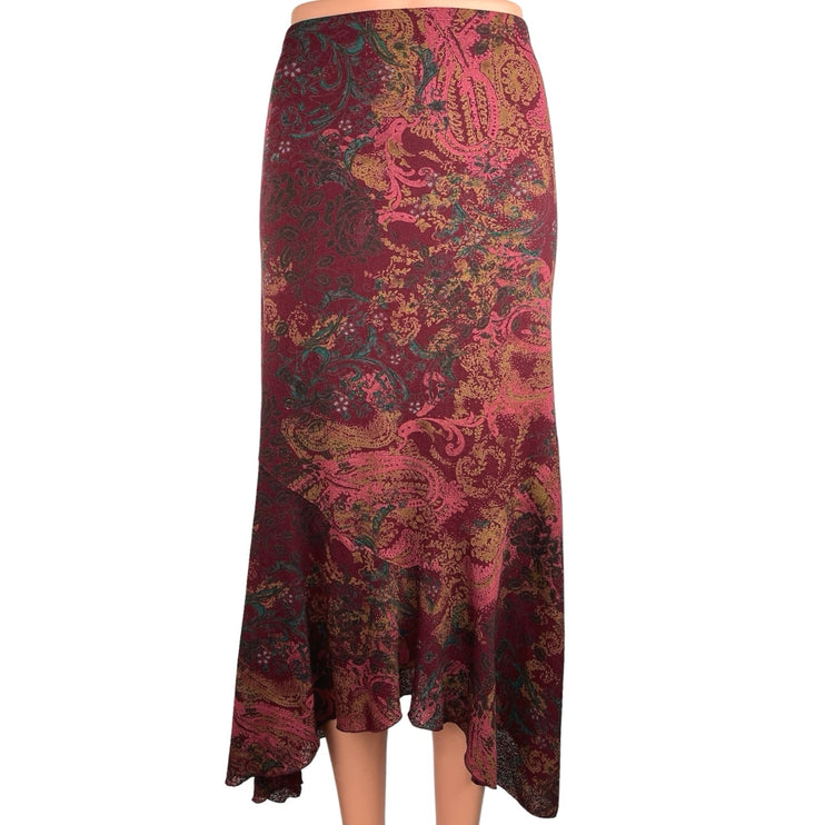 J.Jill Maroon Floral Paisley Asymmetrical Hem Midi Straight Pencil Skirt Size M