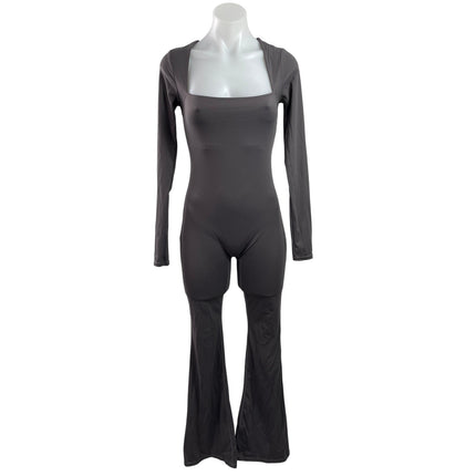 NEW Qinsen Black Long Sleeve Square Neck Wide Leg Bodycon Romper Jumpsuit Size M