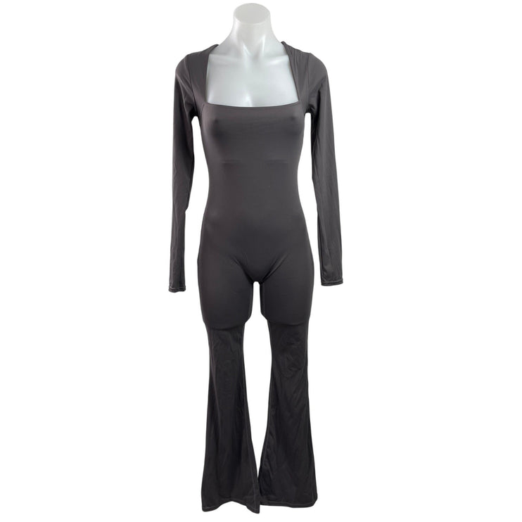 NEW Qinsen Black Long Sleeve Square Neck Wide Leg Bodycon Romper Jumpsuit Size M