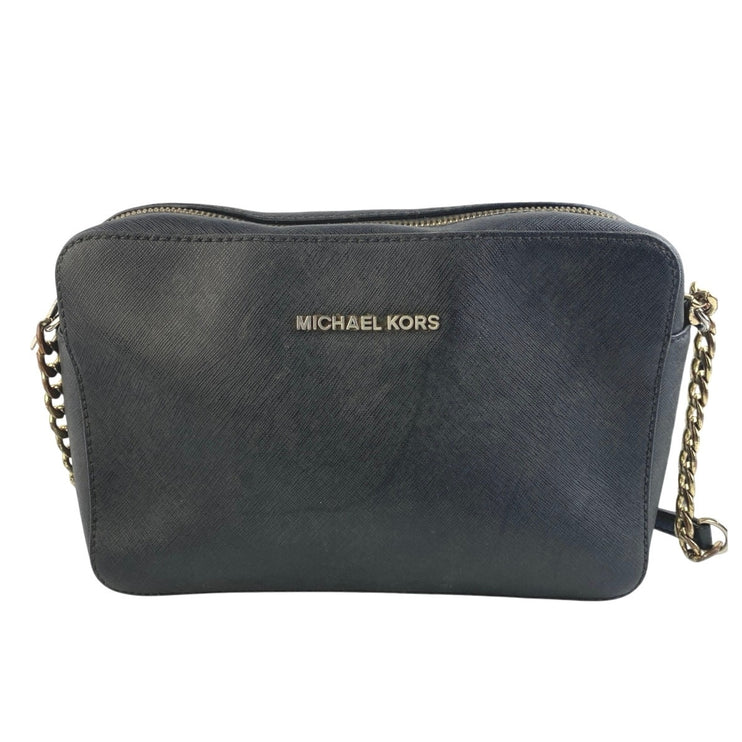 Michael Kors Jet Set Black Zip Leather Logo Chain Zip Crossbody Handbag OS