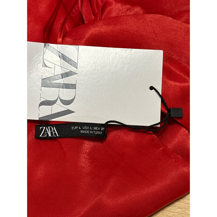 NEW Zara Red Satin Silk Sleeveless Deep V Neck Slit Cutout Back Maxi Dress Sz L