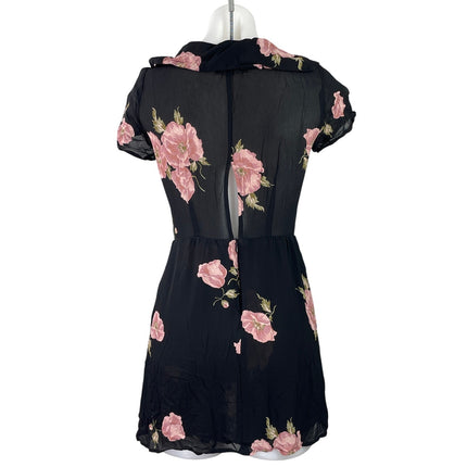 Reformation Fraser Black Floral Short Sleeves Tie Neck Button Up Mini Dress Sz 2