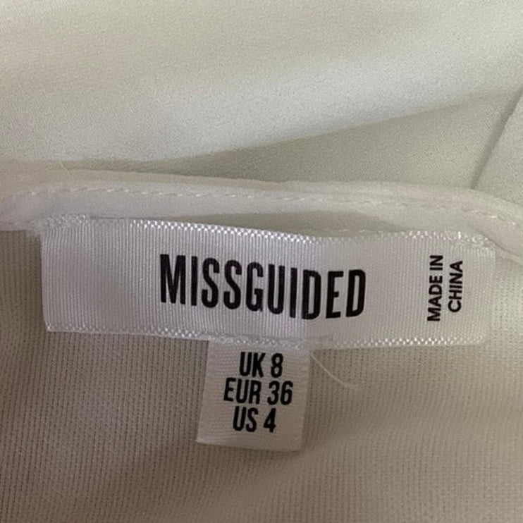 Missguided White Deep V-Neck Faux Wrap Balloon Sleeve Blouseon Crop Top Size 4