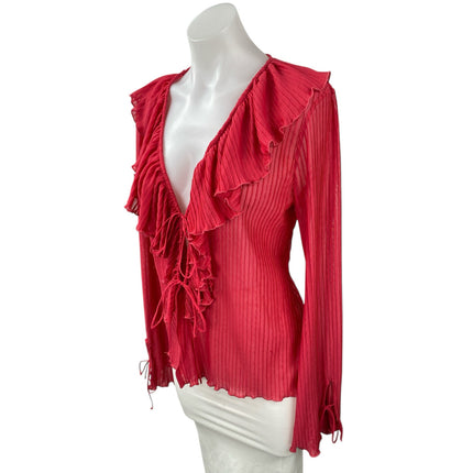 Zara Womens Red Sheer Ruffled Tie Front V Neck Long Sleeve Cardigan Blouse Top L