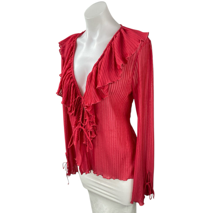 Zara Womens Red Sheer Ruffled Tie Front V Neck Long Sleeve Cardigan Blouse Top L