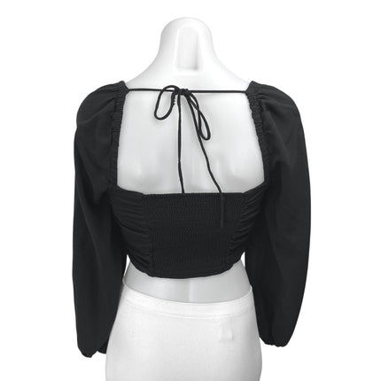 Urban Outfitters Black Long Sleeve Ruched Tie Square Neck Blouse Crop Top Size M