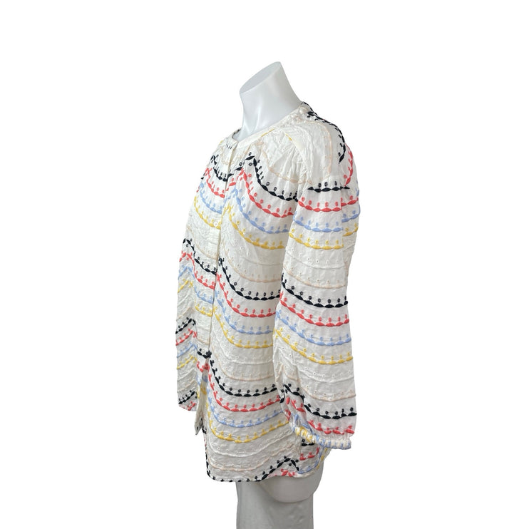 Women's White Striped Embroidered Long Sleeve Button Down Shirt Blouse Top Sz S