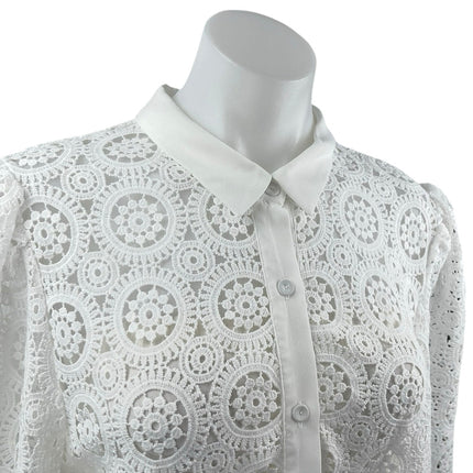 A. Calin by Flying Tomato White Lace Crochet Long Sleeve Button Down Shirt Top L