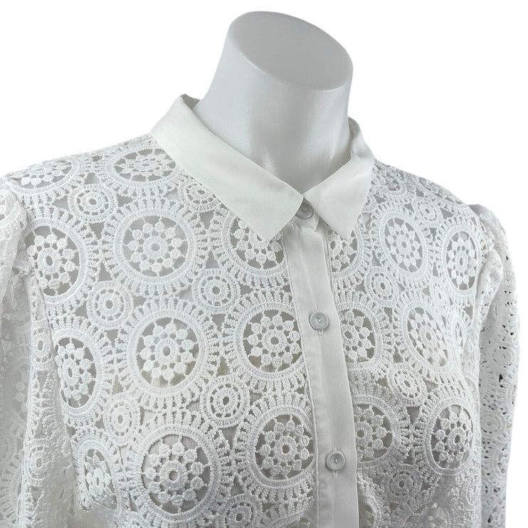 A. Calin by Flying Tomato White Lace Crochet Long Sleeve Button Down Shirt Top L