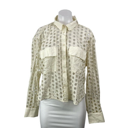 NEW Gap Cream Eyelet Embroidered Pocket Long Sleeve Button Down Shirt Top Size M