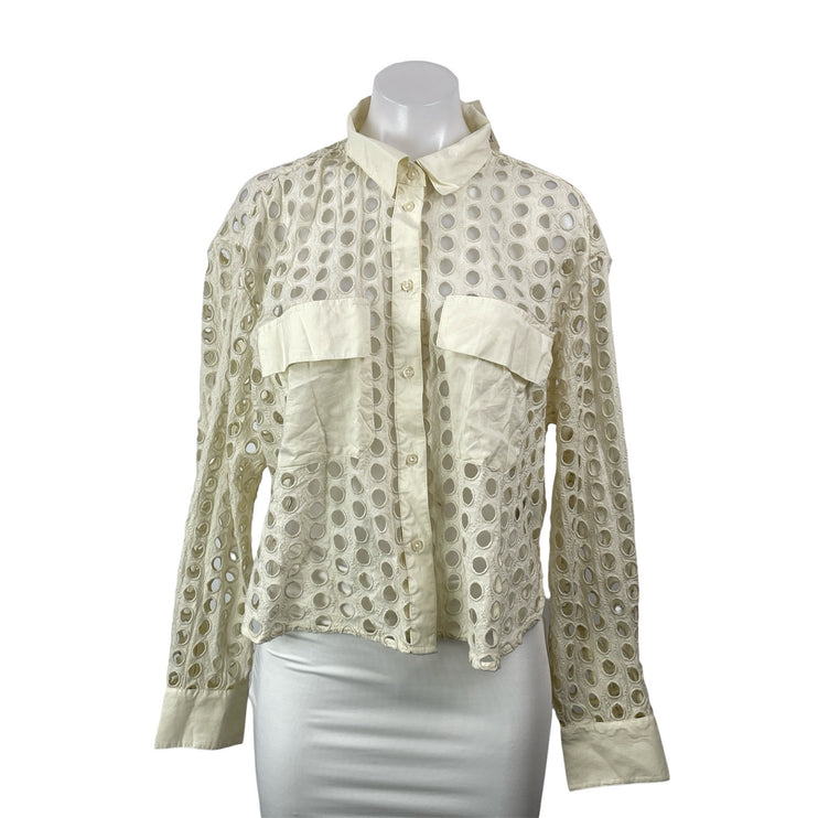 NEW Gap Cream Eyelet Embroidered Pocket Long Sleeve Button Down Shirt Top Size M