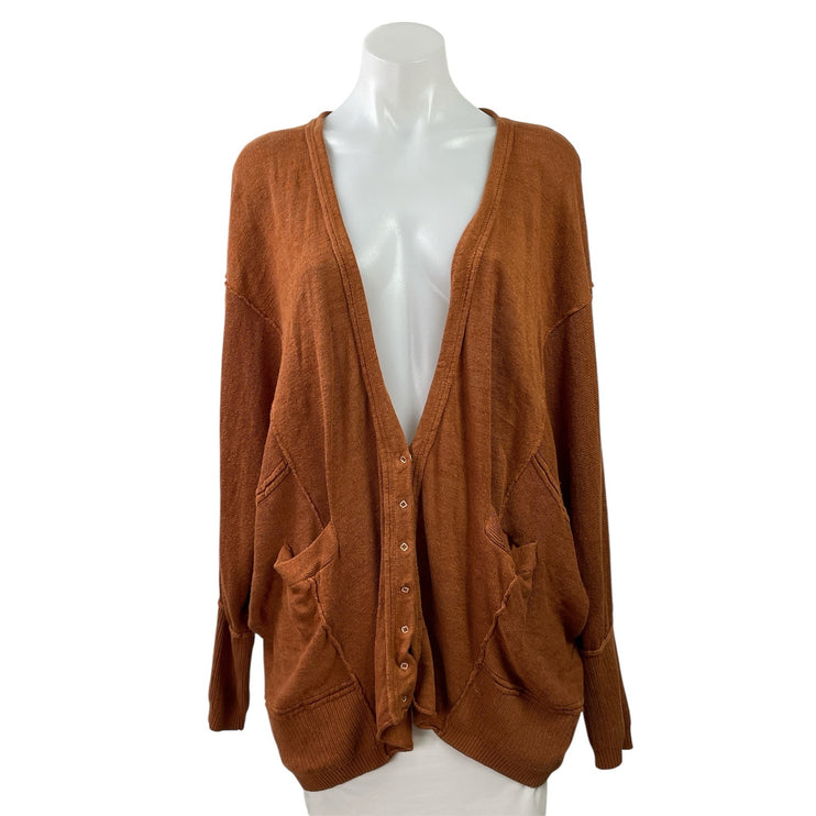 Free People Rust Brown Linen Long Sleeve Oversized Snap Cardigan Sweater Top L
