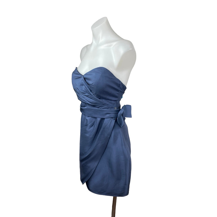 Jenny Yoo Blue Silk Satin Strapless Sweetheart Bow Tie Mini Sheath Dress Size 4