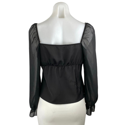 Topshop Women's Black Ruffle Ruched Front Sheer Long Puff Sleeve Blouse Top Sz 4