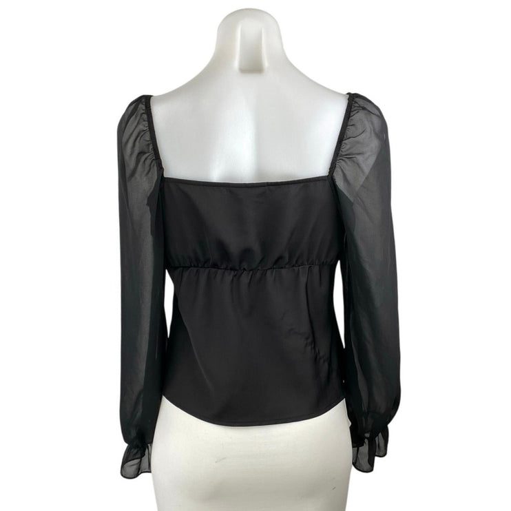 Topshop Women's Black Ruffle Ruched Front Sheer Long Puff Sleeve Blouse Top Sz 4