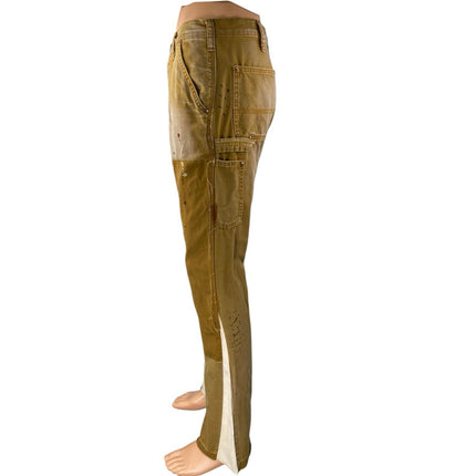 MNML Men's Brown Paint Splatter Bootcut Flared Chino Khaki Trousers Pants Sz 30