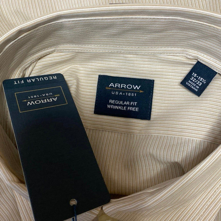 NEW Arrow Men's Beige Striped Long Sleeve Button Down Dress Shirt Top Size 15
