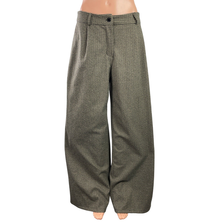 Boohoo Women's Beige Houndstooth High Rise Wide Leg Baggy Trousers Pants Size 8
