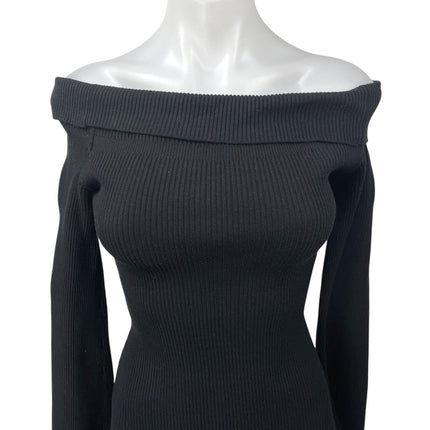 Tiger Mist Black Rib Knit Off Shoulder Long Sleeve Mini Bodycon Sweater Dress S