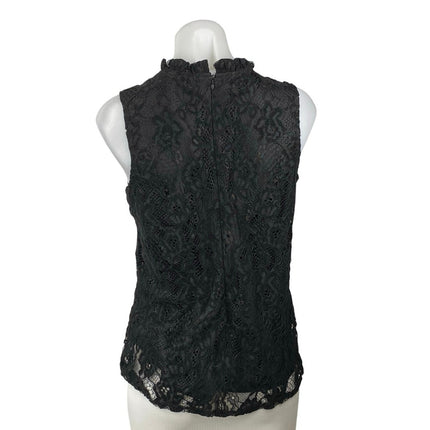 Nanette Lepore Black Lace Sleeveless Ruffle Mock Neck Zip Blouse Tank Top Size S