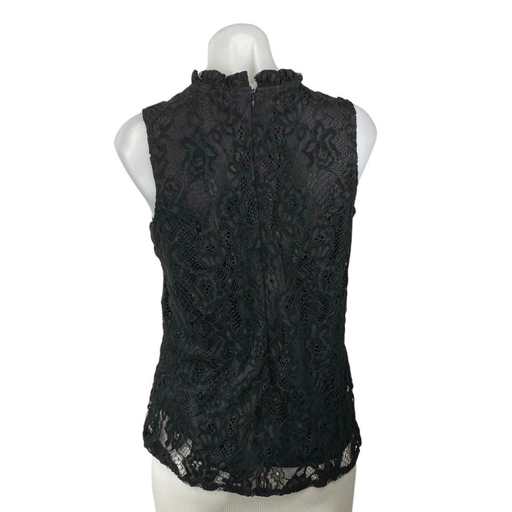 Nanette Lepore Black Lace Sleeveless Ruffle Mock Neck Zip Blouse Tank Top Size S