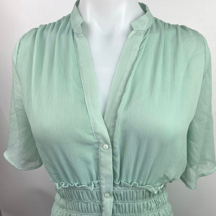 Zara Mint Green V Neck Smocked Waist Soft Half Sleeve Maxi Shirt Dress Size S