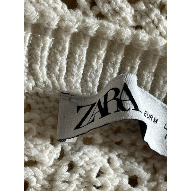 Zara Cream Crochet Knit Strapless Twist Front Slit Midi Bodycon Dress Size M