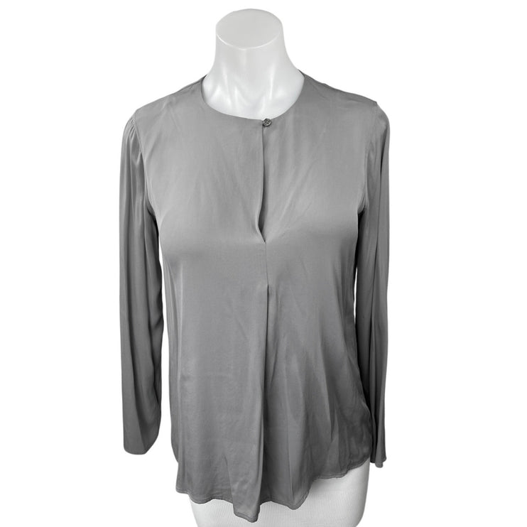 Theory Women's Gray Silk Pleated Long Sleeve Shirt Tunic Blouse Top Size S