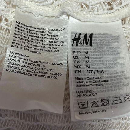 H&M White Crochet Knit Deep V Tie Long Sleeve Beach Cover Up Mini Dress Size M