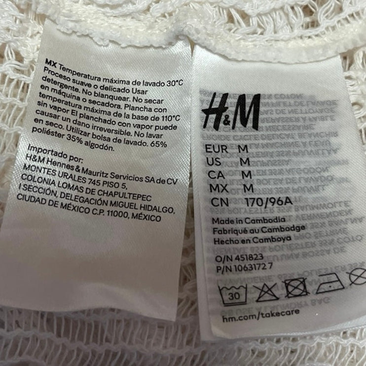 H&M White Crochet Knit Deep V Tie Long Sleeve Beach Cover Up Mini Dress Size M