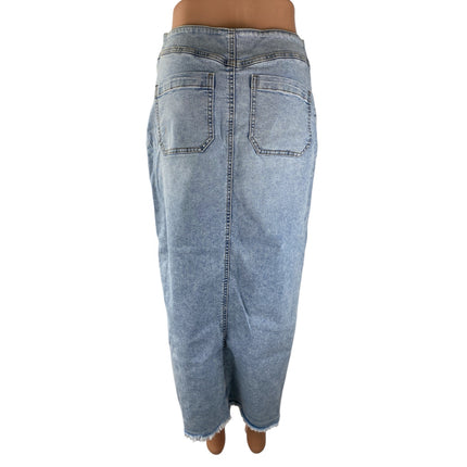 Sincerely Jules Blue Raw Frayed Hem Wrap Asymmetrical Midi Pencil Denim Skirt 5