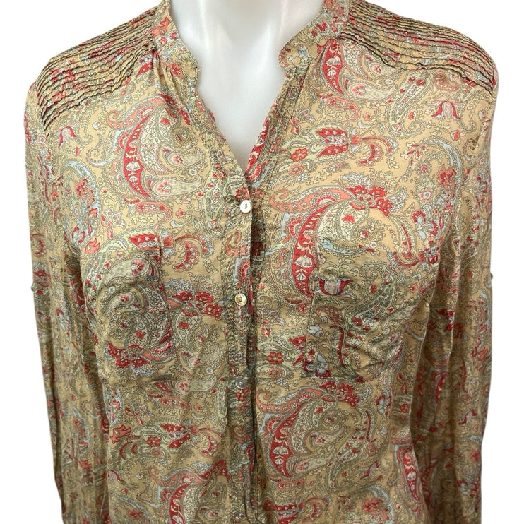 Zara Women's Tan Multicolor Button Down Paisley Long Sleeve Shirt Blouse Top S