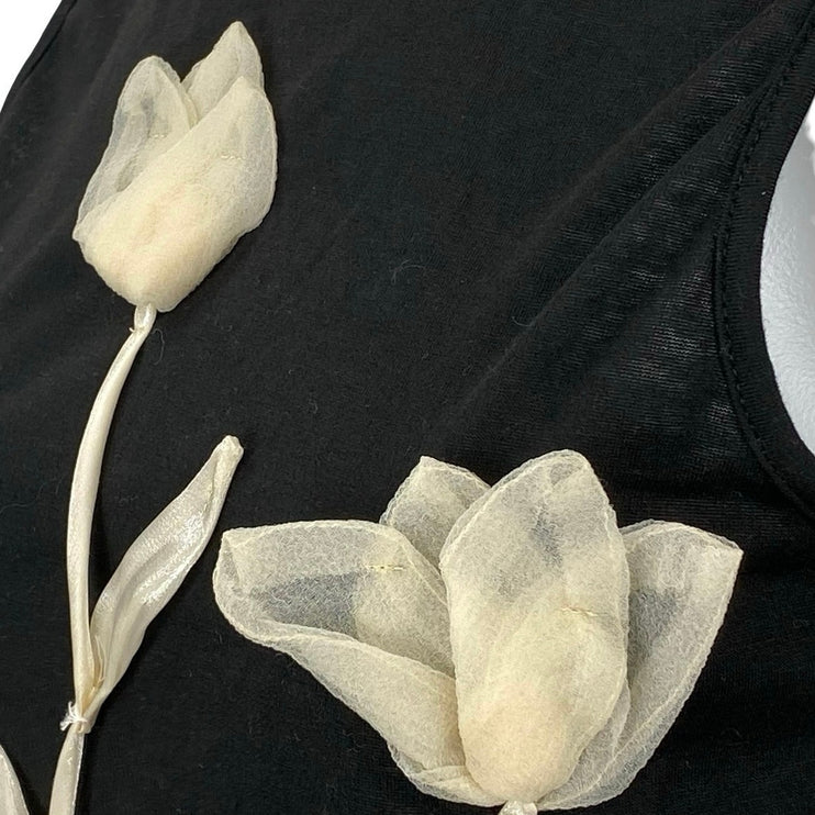 Women's Black White 3D Floral Tulip Crew Neck Sleeveless Slim Vest Tank Top Sz S